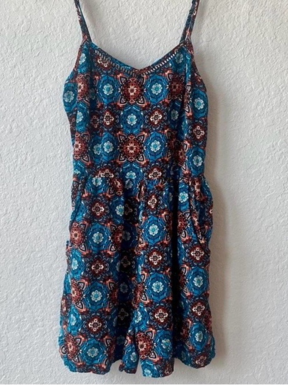 Xhilaration Teal and Rust Patterned Spaghetti Strap Romper Dress